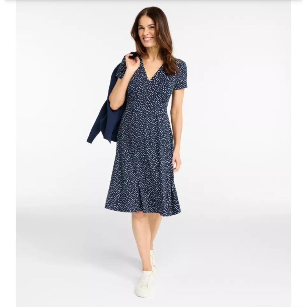 L.L. Bean Womens Large Petite Summer Knit Short Sleeve Polka Dot Print Dress